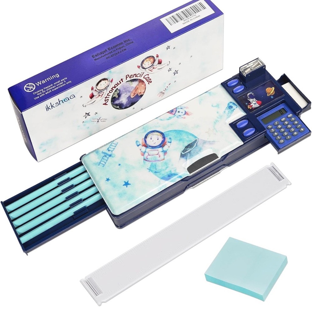 2-Pc Ikshaa Astronaut Pencil Case – Double-Sided with Calculator & Ruler